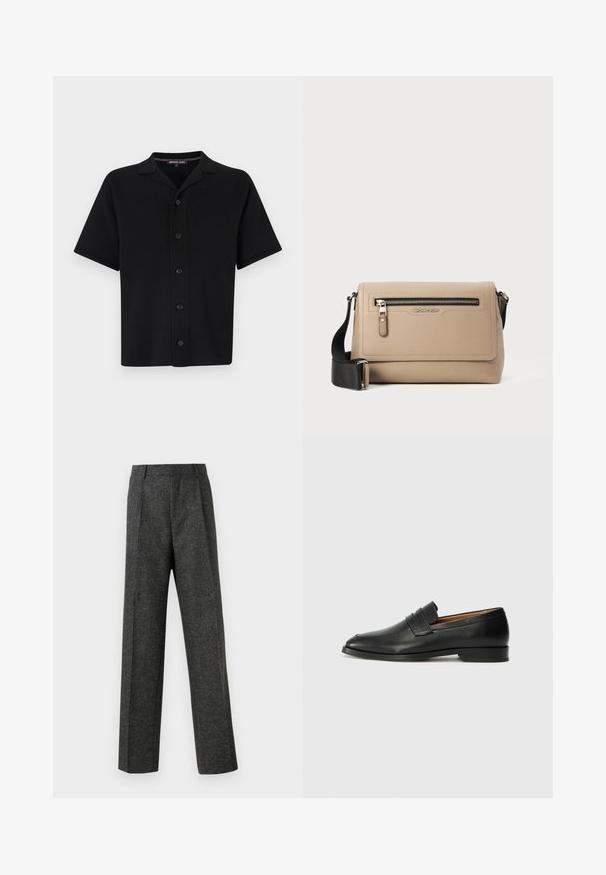 Camicia nera a maniche corte con bottoni, realizzata in tessuto morbido. Presenta un colletto e sei bottoni frontali, con un taglio dritto e senza fantasie visibili.; Pantaloni grigi su misura realizzati in tessuto strutturato, con due pieghe frontali e un design a gamba dritta. Nessuna tasca o decorazione visibile.; Mocassino in pelle nera con punta arrotondata, dettagli cuciti sottili e tacco basso, caratterizzato da una texture liscia e un design minimalista.; Borsa a tracolla in pelle beige con finitura texturizzata, dotata di tasca con zip frontale e tracolla nera regolabile. Logo visibile sul davanti.