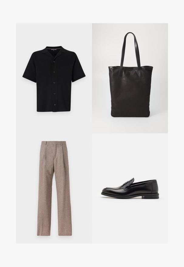 Musta lyhythihainen napitettava paita, joka on valmistettu pehmeästä kankaasta. Siinä on kaulus ja kuusi etunappia, suora leikkaus ja ei näkyviä kuvioita.; Ruskejat, korkeavyötäröiset housut, jotka on valmistettu teksturoidusta kankaasta. Ominaisuuksina ovat leveät lahkeet ja kaksi etupuolelle ommeltua laskosta rakenteen tukemiseksi. Siisti viimeistely ilman näkyvää metalliosaa.; Mustat nahkakengät, joissa on sileä pinta, pyöreä kärki ja koristeellinen nauha jalkapöydän yli. Matala pinoitu koroke, minimalistinen muotoilu.; Mustat kangaskassit mustilla nahkahandleilla. Yksinkertainen muotoilu, tilava runko ja sileä pinta. Ei näkyviä logoja tai kuvioita.