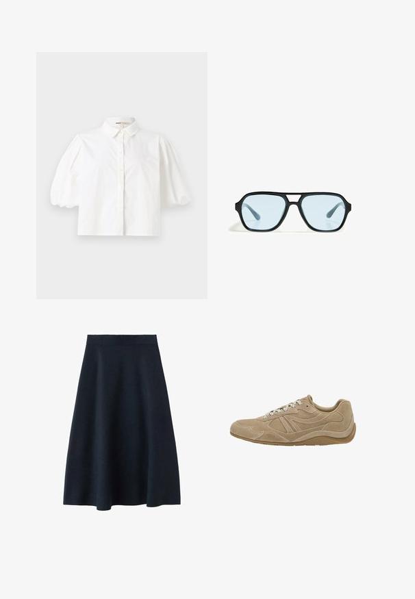 Biała koszula z kołnierzykiem, z krótkimi bufkami, z zapięciem na guziki z przodu, o gładkiej fakturze materiału. Prosta dolna krawędź bez widocznych wzorów ani akcentów.; Czarna granatowa midi spódnica wykonana z gładkiego materiału, z dopasowanym pasem i rozkloszowanym kształtem, bez widocznych wzorów czy ozdób.; Beżowe zamszowe sneakersy o niskim profilu, teksturowanej powierzchni i białych sznurowadłach. Posiadają zaokrąglony kształt i gumową podeszwę zapewniającą przyczepność.; Czarne okulary przeciwsłoneczne o prostokątnych oprawkach, niebieskie soczewki z tintem i charakterystycznym wzorem mostka. Smukłe wykończenie, subtelna tekstura.; Taupe skórzana torebka o fakturze z górnym uchwytem, regulowanym paskiem na ramię i dekoracyjnym węzłem na czystym białym tle.