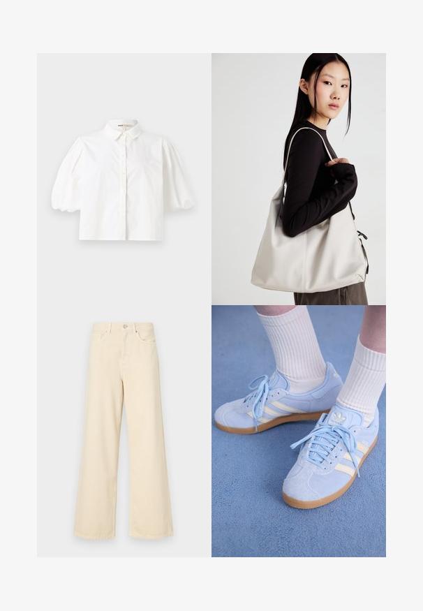 Camisa blanca de cuello con mangas cortas abullonadas, cierre frontal con botones y textura de tela lisa. Dobladillo recto sin patrones ni acentos visibles.; Jeans de pierna ancha beige fabricados en algodón. Cuentan con un cierre de botón, presillas para cinturón y bolsillos frontales con una textura suave y lisa.; Zapatillas de ante azul claro con rayas blancas, cordones planos y suela de goma. Se llevan calcetines blancos acanalados por encima del tobillo.; Bolso de mano beige hecho de material suave, con un diseño holgado, detalles cosidos y dos asas. Adecuado para uso diario.
