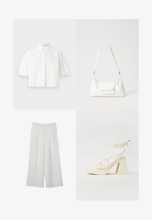 Camicia bianca con colletto, maniche corte a palloncino, chiusura a bottoni sul davanti e tessuto liscio. Orlo dritto senza motivi o dettagli visibili.; Pantaloni bianchi a gamba larga realizzati in tessuto leggero, dotati di una vita elastica e di un cordino per una vestibilità regolabile. Texture liscia.; Sandalo bianco con tacco alto, caratterizzato da un design a cinturini e un legaccio alla caviglia. Texture liscia con una piattaforma frontale per un'altezza aggiuntiva.; Borsa sintetica bianca a forma triangolare, con patta anteriore piatta e dettaglio a fiocco, tracolla regolabile, texture liscia e design minimalista.