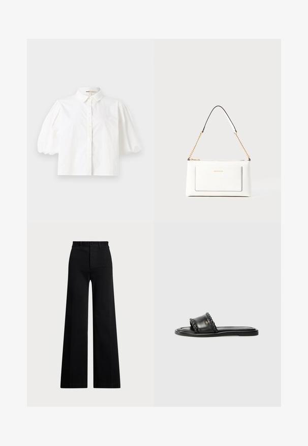 Biela košeľa s krátkymi puff rukávmi, zapínaním na gombíky vpredu a hladkým textúrou látky. Priamy lem bez viditeľných vzorov alebo akcentov.; Čierne široké nohavice vyrobené z tkaniny, so vysokým pásom, predným zapínaním na gombík a bočnými vreckami. Hladká textura s čistými líniami.; Čierne kožené sandále s tkaným remienkom, plochou podrážkou a elegantným dizajnom. Hladký povrch a minimalistický profil.; Biele kožené kabelka s textúrovaným povrchom, ktorá má zlatý retiazkový popruh a čierne akcenty. Obsahuje prednú kapsu a zipsové zapínanie.