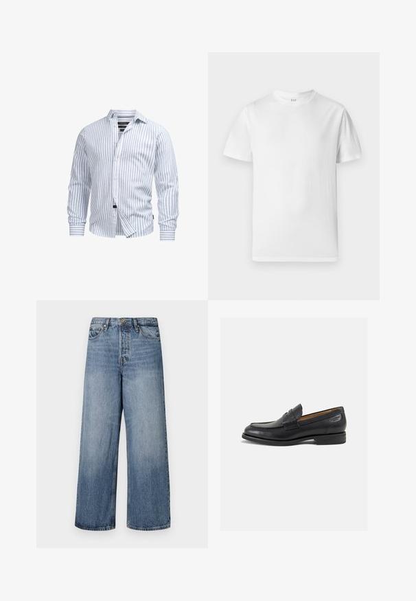 Biela košeľa s dlhým rukávom a svetlomodrými vertikálnymi pruhmi, s gombíkovou prednou časťou a mäkkou textúrou. Obsahuje strihaný golier a manžety s gombíkmi.; Biela tričko s krátkym rukávom vyrobené z jemnej bavlny. Obsahuje okrúhly výstrih a rovný lem s minimálnymi detailmi.; Široké modré džínsy s vyblednutým umývaním, dizajnom s piatimi vreckami a zapínaním na gombík. S opaskovými pútkami a prešitými detailmi.; Čierne kožené mokasíny s hladkým povrchom, zaoblenou špičkou a dekoratívnym prešívaním na prednej časti. Nízky kokteilový opätok a jemný lesk.