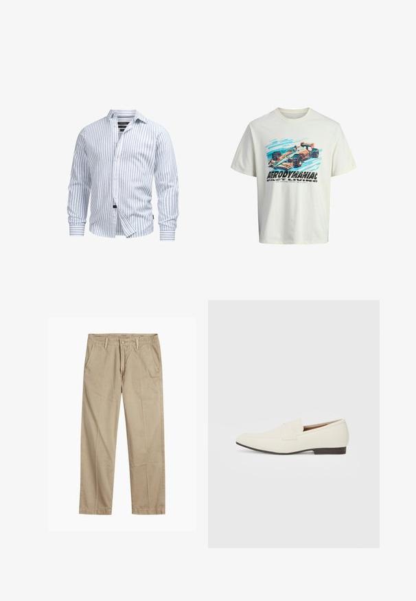 Biela košeľa s dlhým rukávom a svetlomodrými vertikálnymi pruhmi, s gombíkovou prednou časťou a mäkkou textúrou. Obsahuje strihaný golier a manžety s gombíkmi.; Biely bavlnený tričko s grafickým potlačou závodného auta s modrými a oranžovými akcentmi a textom "AERODYNAMIKA". Uvoľnený strih.; Béžové chinos nohavice rovného strihu s pútkami na opasok, predným gombíkom a zipsom, a šikmými prednými vreckami.; Svetlé béžové mokasíny s špicatou špičkou, hladkým materiálom, pásikom cez vamp a nízkou hnedou podrážkou. Jednoduchý dizajn s minimálnymi akcentmi.