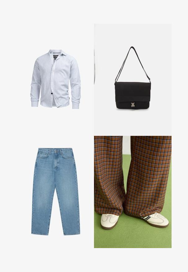 Bijela košulja dugih rukava s svijetloplavim vertikalnim trakama, dugme do prednje strane i mekom teksturom. Ima krojeni ovratnik i manžete na rukavima.; Svijetloplavi traper široke nogavice s visokim strukom, koji ima pet džepova, petlju za remen i mekan, blago izblijedio uzorak.; Smeđe i plave karirane široke hlače uparene s bijelim cipelama s crnim akcentima i teksturiranim potplatom, na zelenoj pozadini.; Crni messenger ruksak od glatkog materijala, s preklopom, srebrnim kopčanjem i podesivim remenom za rame.