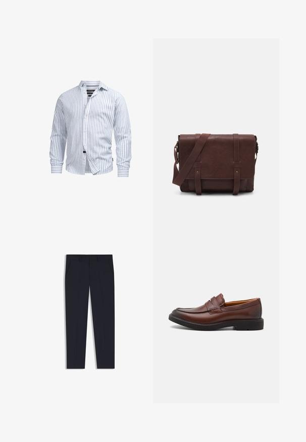 White long-sleeve shirt with light blue vertical stripes, button-down front, and soft texture. Features a tailored collar and cuffed sleeves.; Navy trousers with a tailored fit, featuring two front pockets, a flat front design, and a smooth texture. No visible patterns or embellishments.; Brown leather loafers with a rounded toe, decorative stitching, and a black rubber sole. Smooth texture and minimal design details.; Brown leather messenger bag with a flat front flap, two straps, gold hardware accents, and an adjustable shoulder strap.