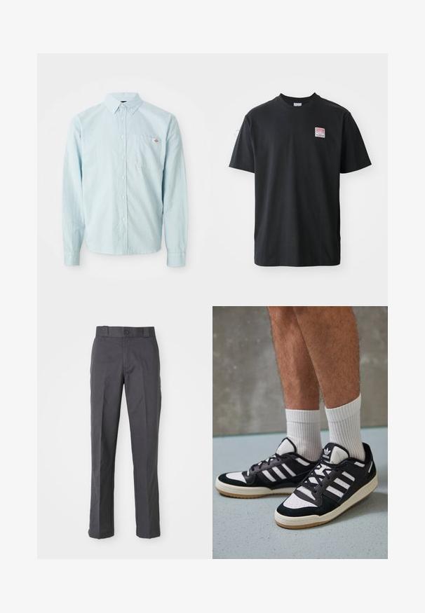 Svetlo modra srajca z dolgimi rokavi in gumbi, z gumbasto ovratnikom in žepom na prsih, ki vsebuje majhen rdeč in bel logotip.; Črna bombažna majica s kratkimi rokavi in okroglim ovratnikom ter majhno obarvano nalepko na levem prsnem delu, na kateri je napisano "SUPERIOR".; Temno sivi hlače iz bombažnega mešanega blaga, s ravnim krojem, sprednjimi žepi in gumbom za zapiranje v pasu.; Črno-bele superge z zgornjim delom iz usnja in nubuka, ki imajo tri bele črte, perforiran vrh prstov in podplat iz gume.