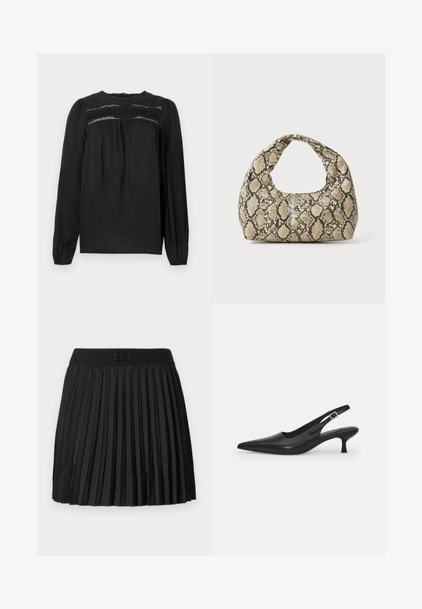 Melnas garajām piedurknēm blūze ar apaļu kakla izgriezumu, ar uzkrāto detaļu un savāktu audumu krūtīs un piedurknēs. Gluda tekstūra.; Melna plātnēta svārku ar gludu tekstūru, ar vienkrāsainu melnu jostas daļu un reljefu logotipa detaļu priekšpusē.; Melnas ādas slīdošās kurpes ar norādītu pirkstu un šauru, izliekta papēdi. Ar diskrētu regulējamu siksniņu ar metāla sprādzi.; Čūsku raksta soma ar izliekto rokturi. Izgatavota no teksturētiem, bēšiem un brūniem materiāliem, ar izteiksmīgu dimanta rakstu.