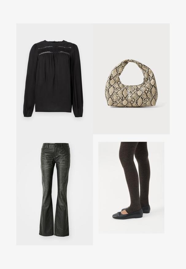 Black long-sleeve blouse with a round neckline, featuring smocked detailing and gathered fabric at the bust and sleeves. Smooth texture.; Black faux leather flared jeans with front pockets, a metal button closure, and a slightly textured surface. Straight leg with a long cut.; Black flat shoes with a small bow detail at the toe, paired with dark brown ribbed tights. Shoes have a smooth texture and low profile.; Snake-print handbag with a curved handle. Made from textured, beige and brown materials, featuring a distinctive diamond pattern.