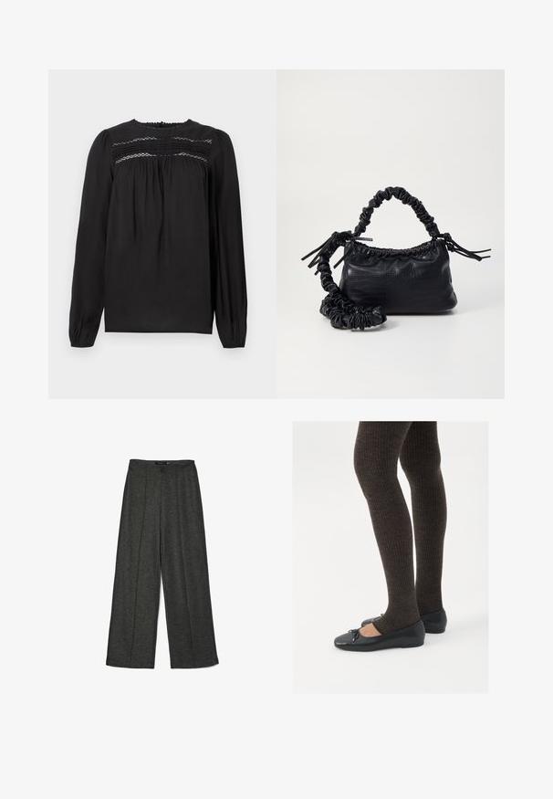 Blusa nera a maniche lunghe con scollo rotondo, con dettagli arricciati e tessuto arricciato sul seno e sulle maniche. Tessuto liscio.; Pantaloni larghi grigio scuro realizzati in tessuto testurizzato, caratterizzati da una vita alta e due pince anteriori per un tocco di design in più.; Scarpe nere a flat con un piccolo fiocco sulla punta, abbinate a collant a coste marrone scuro. Le scarpe hanno una texture liscia e un profilo basso.; Borsa a tracolla in ecopelle nera con texture a coccodrillo, apertura cinchata e tracolla arricciata. Si presenta con un design morbido e compatto.