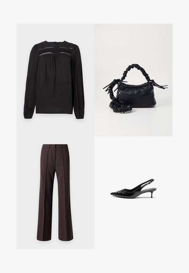 Must muströöpide ja kogutud kangaga must pikkade varrukatega pluus, ümar kaelus. Sile tekstuur.; Tumedpruunidest kangast laiad püksid, millel on kohandatud disain, ees pleedid ja sile tekstuur, sobivad ametlikeks üritusteks.; Musthave nahkased kõrged kontsad, millel on terav varvas, väike kitten-kont ja dekoratiivne sõlm ees. Ühtlane sile tekstuur.; Must must sünteetilisest nahast käekott, millel on krokodillimuster, kokku tõmmatav ülaosa ja kortsus rihm. Tundub pehme ja kompaktne disain.