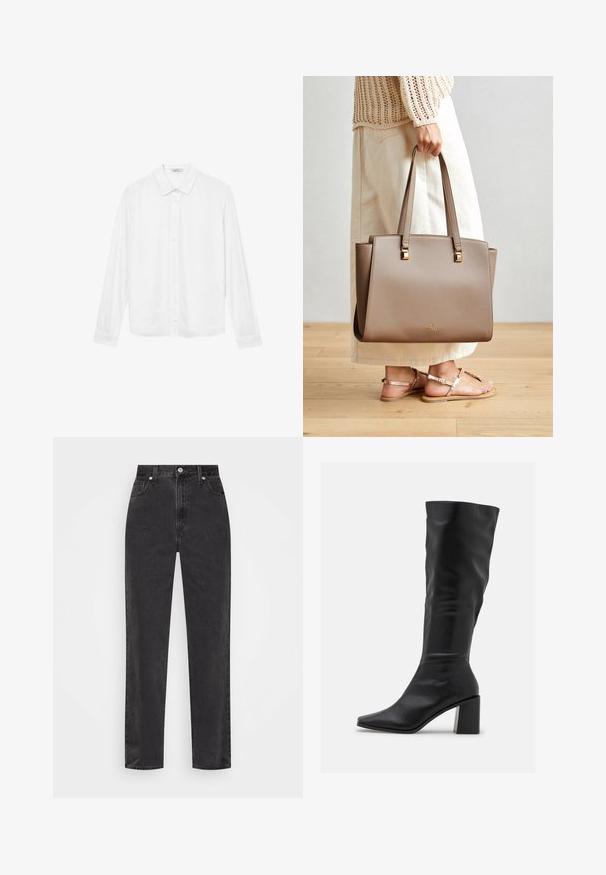 Camicetta bianca a maniche lunghe con colletto, sette bottoni sulla parte frontale e polsini abbottonati, esposta su uno sfondo bianco.; Jeans in denim nero a gamba dritta con vita alta, bottone e cerniera frontali, e cinque tasche su uno sfondo bianco.; RAID BLICK - Stivali alti - black; Borsa a tracolla sintetica marrone con due lunghe maniglie, dettagli metallici quadrati e un logo sottile. Indossata con una gonna crema chiara e sandali.