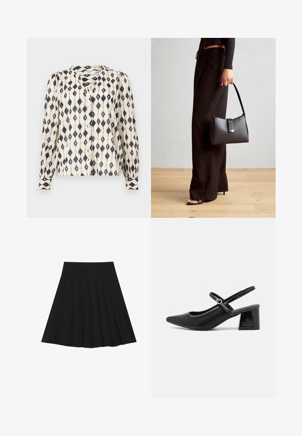 Kreemikaalne pikkade varrukatega pluus musta rombikujundusega, millel on nööpidega esiosa ja ümmargune kaelus. Pehme ja kerge kangas.; Must mustriga seelik, millel on tekstureeritud kangas ja kitsas vöökoht. Ulatuv põlveni, omadab sujuvat ja lõputut siluetti.; Mustad läikivad nahast slingback-kõrged kontsad, millel on terav nina, ümar lõikekujundus ja blokknina. Omab kuldset nupu aktsenti.; Must musta kott, millel on struktureeritud kuju, sile tekstuur ja metallist klamber. Kombineeritud laiate mustade pükstega ja avatud varvaste sandaalidega puidust põrandal.