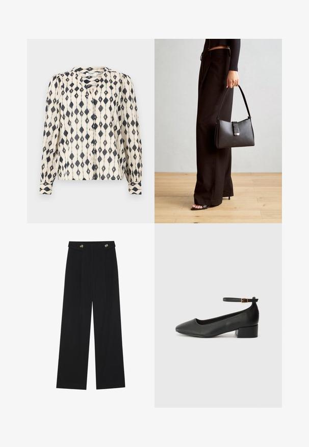 Kreemikaalne pikkade varrukatega pluus musta rombikujundusega, millel on nööpidega esiosa ja ümmargune kaelus. Pehme ja kerge kangas.; Mustad laiad püksid kõrge vöökoha ja nööpdetailidega vööandil, esikortsudega.; Must mustaapp, millel on terav nina ja madal blokk-kand. Omab pahkluu rihma koos kuldse tooni pandlaga. Sile tekstuur.; Must musta kott, millel on struktureeritud kuju, sile tekstuur ja metallist klamber. Kombineeritud laiate mustade pükstega ja avatud varvaste sandaalidega puidust põrandal.