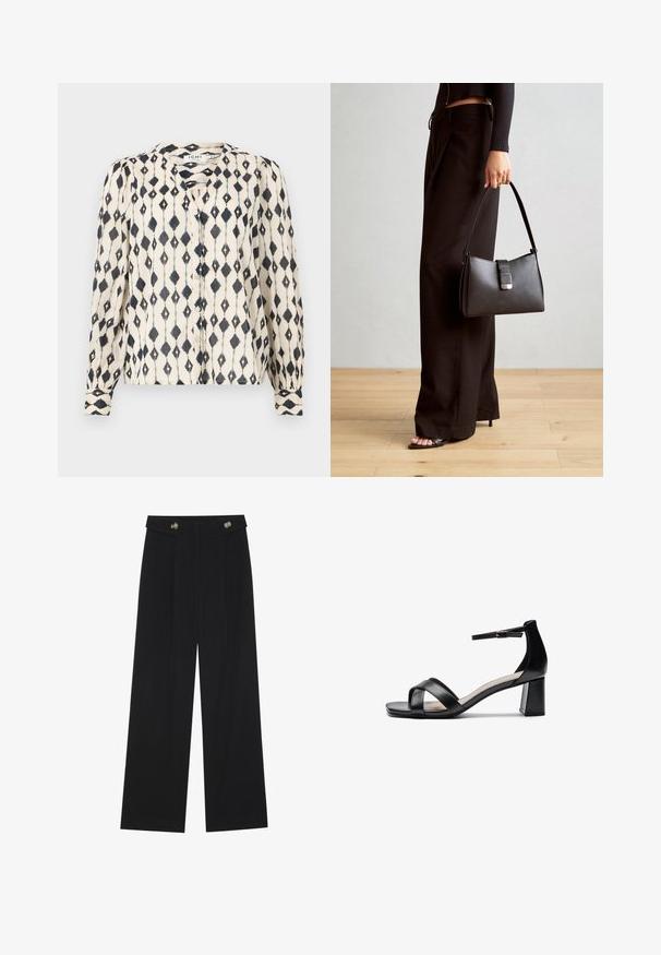 Blusa a maniche lunghe color crema con motivo a rombi neri, dotata di chiusura con bottoni frontalmente e colletto rotondo. Tessuto morbido e leggero.; Pantaloni neri a gamba larga con vita alta, dettagli con bottoni in vita e pieghe frontali.; Sandalo con tacco aperto nero, con cinturini incrociati, fibbia regolabile alla caviglia e tacco spesso, con una texture in pelle liscia.; Borsa nera con forma strutturata, texture liscia e una chiusura metallica. Abbinata a pantaloni neri larghi e sandali open-toe su un pavimento in legno.
