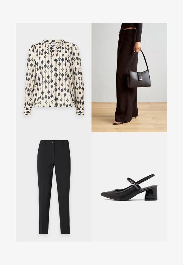 Bluzka z długim rękawem w kolorze kremowym z czarnym wzorem w diamenty, z zapięciem na guziki z przodu i okrągłym dekoltem. Miękki, lekki materiał.; Czarne dopasowane spodnie z gładkiego materiału, z klasycznym pasem, przednim zamkiem błyskawicznym i bocznymi kieszeniami, o eleganckim, dopasowanym kroju.; Czarne lakierowane czółenka na słupku ze spiczastym noskiem, lekko zaokrąglonym wycięciem i obcasem w kształcie bloku. Posiadają złotą klamrę jako akcent dekoracyjny.; Czarna torebka o usztywnionym kształcie, gładkiej fakturze i metalowym zapięciem. Połączona z szerokimi czarnymi spodniami i sandałami na otwartym palcu na drewnianej podłodze.