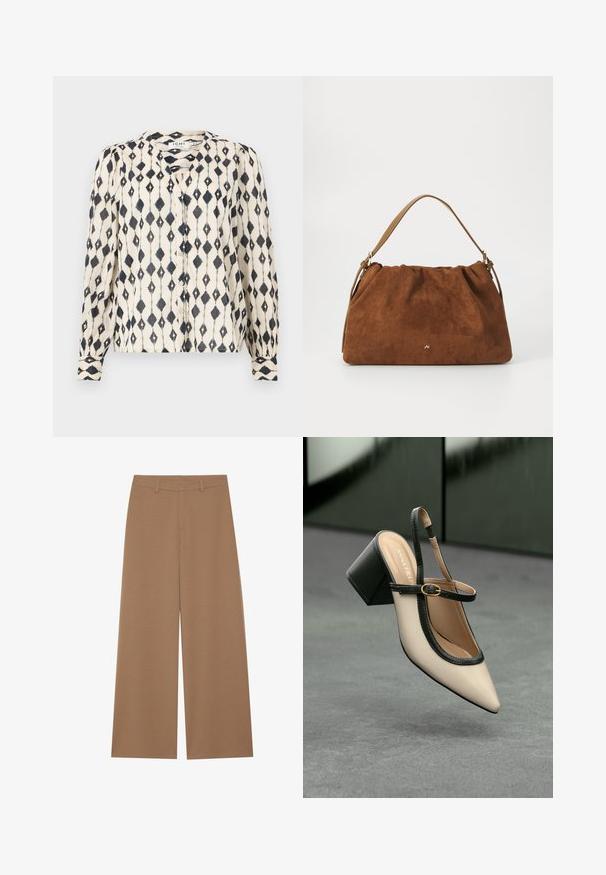 Blouse à manches longues en crème avec un motif en diamants noirs, présentant un devant à boutons et un col rond. Tissu doux et léger.; Pantalons à jambes larges de couleur marron uni, fabriqués à partir d'un tissu texturé ; dotés d'une taille haute et d'un design structuré avec passants de ceinture.; Escarpin beige à bout pointu et bride arrière, avec des finitions noires, une boucle dorée et un talon bloc épais, posé sur un sol gris avec un fond vert foncé.; Sac à main en daim marron avec un design plissé, arborant une seule sangle en cuir beige et un discret logo doré à l'avant.