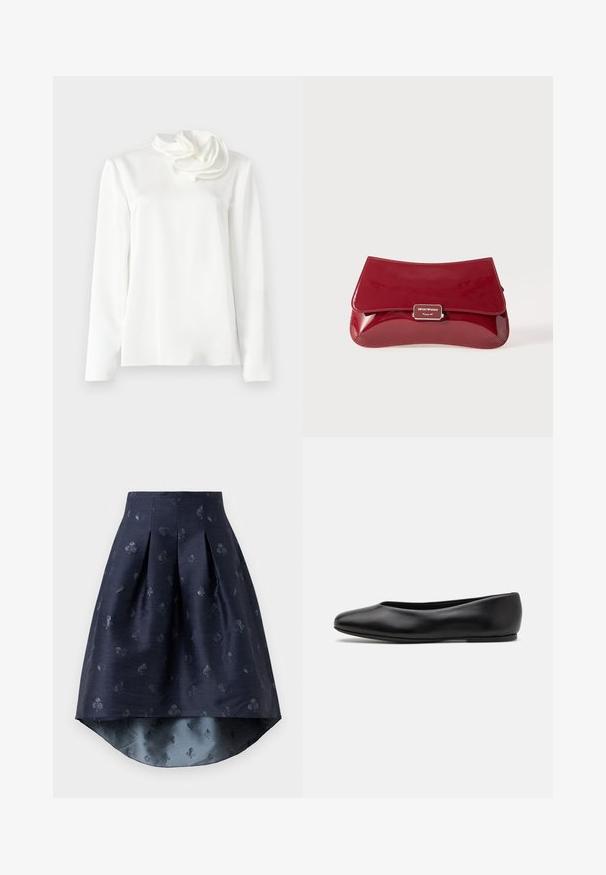 Hvid langærmet bluse med høj hals og en stor stofblomstdetalje på venstre skulder mod en ensfarvet baggrund.; Marineblå høj-lav nederdel med plisseringer og et diskret mønster af kortsymboler i en let skinnende stof.; Paul Smith TOPANGA - Ballerinasko - black; Rød lakeret læder clutch-taske med en buet design, fold-over låg og en metallet logo accent på en sølvplade. Glat, skinnende overflade.