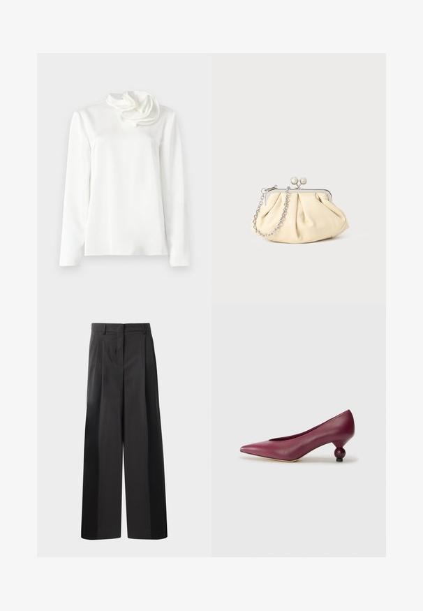White long-sleeve blouse with a high neck and a large fabric flower detail on the left shoulder against a plain background.; Black wide-leg trousers with a high waist, featuring front pleats, a smooth texture, and a tailored finish. Designed for a relaxed fit.; Burgundy leather pump with a pointed toe and a unique round heel. Smooth texture with minimal design and no visible patterns.; Pleated beige leather clutch with a silver metal frame, featuring two round decorative clasps and a silver chain strap.