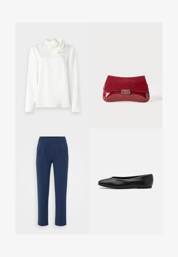 Blusa bianca a maniche lunghe con collo alto e un grande dettaglio floreale in tessuto sulla spalla sinistra, su uno sfondo semplice.; Pantaloni a vita alta blu navy con cintura elastica, gamba larga dritta e tasche laterali, presentati su uno sfondo semplice.; Paul Smith TOPANGA - Ballerine - black; Borsa a pochette in pelle verniciata rossa con design curvo, pattina pieghevole e un accento del logo metallico su una placca argentata. Tessuto liscio e lucido.