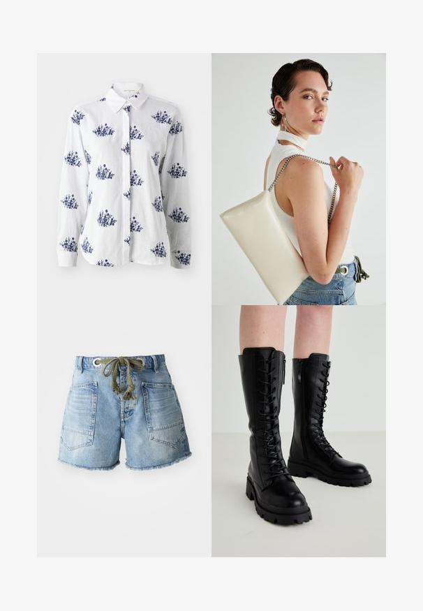 Hvid linned skjorte med blå blomstermønster, knaplukning foran og klassisk krave med lange ærmer og manchetter.; Hvid ærmeløs top med høj hals, draperet stof og lang sidesløjfe. Glat tekstur og tætsiddende silhuet.; Lyst blå denimshorts med frynsede kanter. Har to baglommer og en snøre med sølvøjer til justerbar pasform.; Sorte læderknæhøje støvler med snørebånd foran, lynlås i siden, chunky gummisål og tekstureret detaljering på overdelen.; Hvid rektangulær clutch-taske lavet af skinnende materiale, med en sølv kædetransport. Modellen poser, mens hun fremviser tasken mod en ensfarvet baggrund.