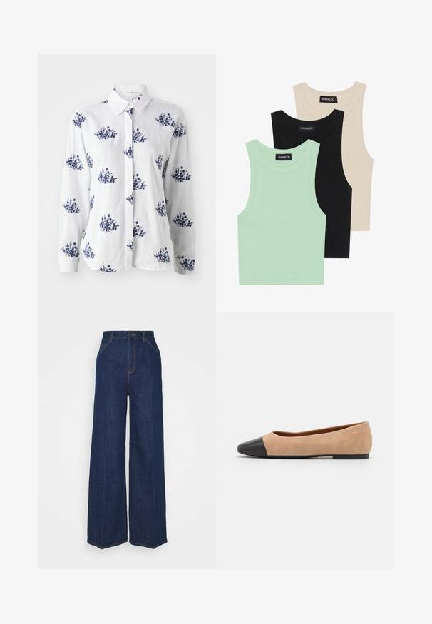 Camisa de lino blanca con estampado floral azul, con botones en la parte delantera, cuello clásico, mangas largas y puños ajustados.; Tres camisetas sin mangas en verde menta, negro y beige; hechas de tela acanalada con un escote redondo. Etiqueta de la marca visible.; Jeans de mezclilla oscuros de tiro alto y pierna ancha, con bolsillos delanteros y traseros, cierre de botón y detalles de costura visibles.; Bailarina de ante beige con una puntera redondeada de cuero negro, tacón bajo y textura suave, que presenta costuras mínimas y un diseño limpio.