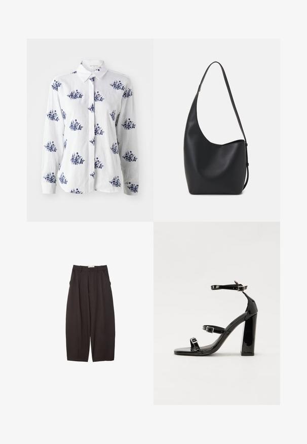Biela ľanová košele s modrým kvetinovým vzorom, zapínanie na gombíky, klasický golier, dlhé rukávy a manžetami.; Čierne široké nohavice vyrobené z hladkej tkaniny, s vysokým pásom, prednými skladmi a bočnými vreckami. Jednoduchý dizajn bez ozdôb.; Čierne lakované sandále na podpätku so štvorcovou špičkou, navlečenými remienkami okolo členku a striebornými prackami. Disponujú masívnym blokovým podpätkom pre stabilitu.; Čierna kožená hobo taška so hladkou textúrou, zakriveným tvarom a jedným nastaviteľným popruhom; má široké otvorenie na vrchu.