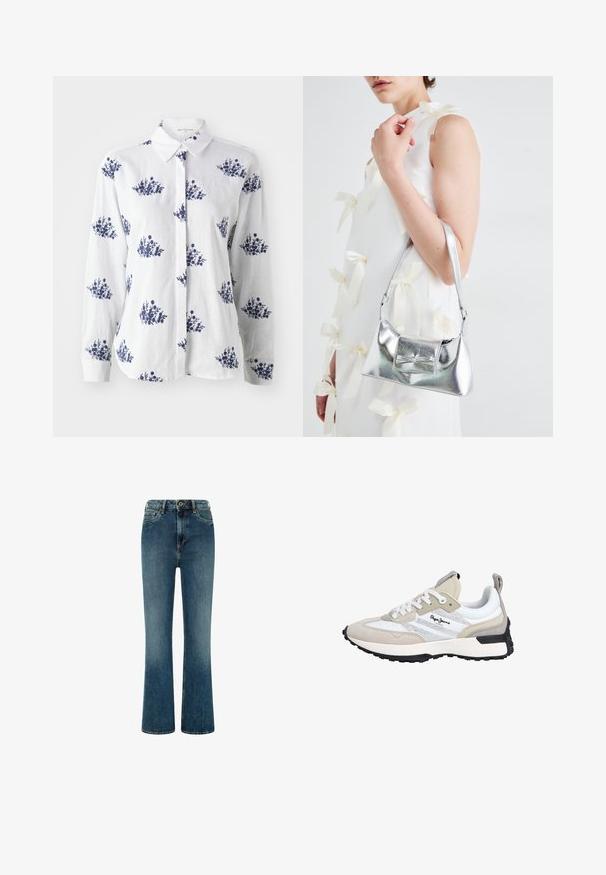 Vit linneskjorta med blå blommönster, knäppning fram, klassisk krage, lång ärm och manschettliknande handled.; Höga utsvängda jeans i mörkblå denim. Har en klassisk femficksdesign, kontrasterande sömmar och en knappstängning i midjan.; Pepe Jeans Sneakers - factory white; Silver metallic handväska med en strukturerad form, utrustad med ett handtag upptill och en rosettdetalj på framsidan. Slät textur, reflekterande finish.