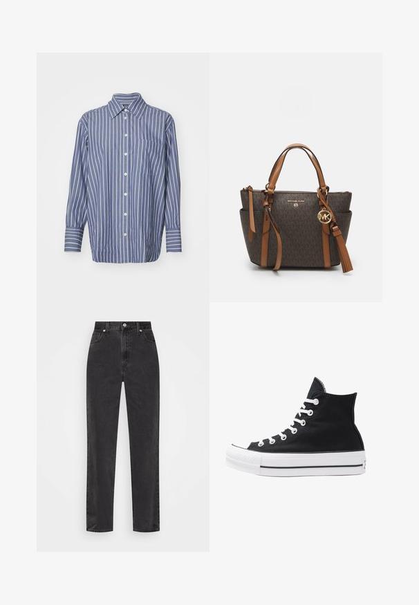 GAP BIG STRIPES BIG CUFF BIG COLLAR - Cămașă - blue; Jeans negri din denim, cu picioare drepte și talie înaltă, cu nasture și fermoar în față, și stil cu cinci buzunare, pe un fundal alb.; Tenisi negri înalți din pânză, cu ochiuri și sireturi albe, precum și talpă din cauciuc. Dispune de un capac texturat pentru degetul mare și accente în dungi alb-negru.; Geantă monogram maro cu două mânere superioare, accesorii din metal auriu și un ciucure detașabil. Dispune de un închidere cu fermoar în partea de sus și buzunare laterale.