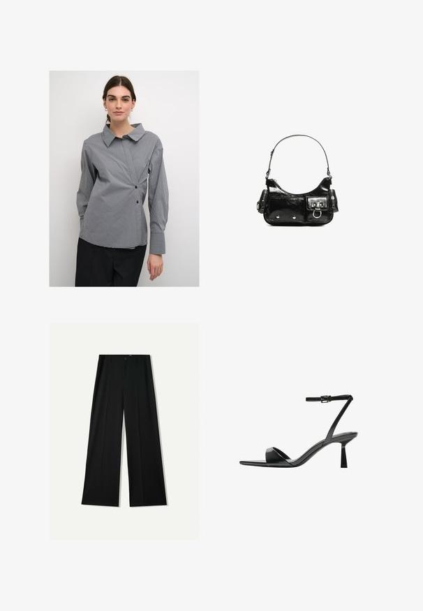 Pasiasta bluzka w czarno-białe paski, z kołnierzykiem w kształcie litery V, asymetrycznym krojem i guzikami na wysokości talii. Długie rękawy z mankietami.; Bershka WIDE czarny; Bershka - Sandały na obcasie; Czarna torebka z lakierowanej skóry o zaokrąglonym kształcie, z jednym paskiem na ramię, przednimi kieszeniami i akcentami w kolorze srebrnym.