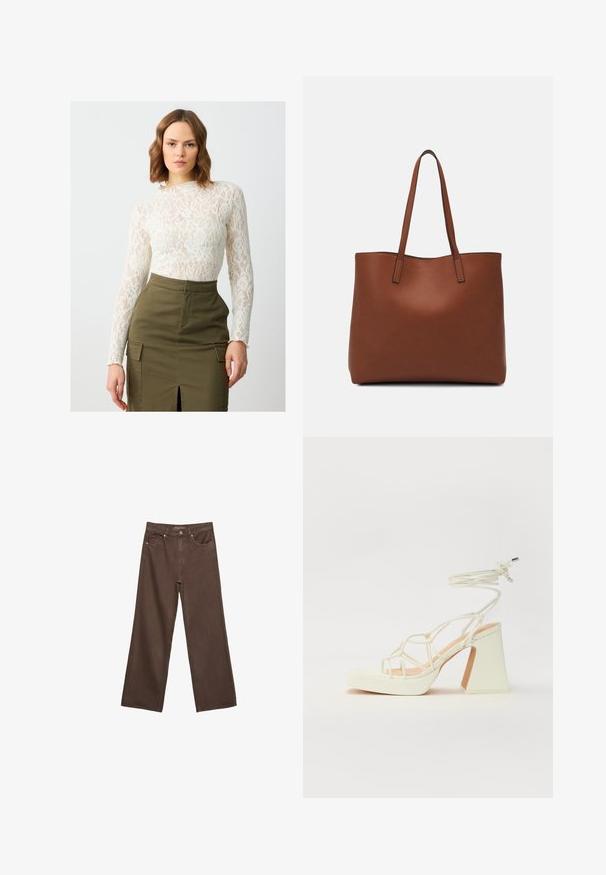 Koronkowa bluzka z długim rękawem w kolorze off-white z kwiatowym wzorem, zestawiona z oliwkową spódnicą o wysokim stanie z rozcięciem z przodu i kieszeniami po bokach.; Szerokie brązowe dżinsy wykonane z denimu, z wysokim stanem, przednimi kieszeniami i klasycznym zapięciem na guzik. Gładka faktura z subtelnym przeszyciem.; Biała sandał na wysokim obcasie z masywnym słupkiem, z paskowym wzorem i wiązaniem przy kostce. Gładka faktura z platformą z przodu dla dodatkowej wysokości.; Brązowa skórzana torba tote o gładkiej fakturze, z otwartym wierzchem i dwoma ramiączkami. Charakteryzuje się minimalnym przeszyciem i brakiem widocznych elementów metalowych.