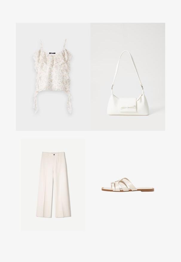 Bela cvetna kamizola s tankimi naramnicami, ki ima plastaste volane ob prsih in vezalke ob straneh, izdelana iz lahkega materiala.; Kremne široke hlače s krojem, ki vključujejo dve sprednji žepi in en sprednji gumb za zapiranje, izdelane iz gladkega blaga.; Ravne sandale s svetlo rjavim gumijastim podplatom, zasnovane s tremi prekrivajočimi se belimi usnjenimi trakovi in majhnim lokom na sredini.; Bela sintetična torbica v obliki trikotnika, z ravnim sprednjim poklopcem in detajlom mašne, nastavljivim trakom, gladko teksturo in minimalističnim dizajnom.