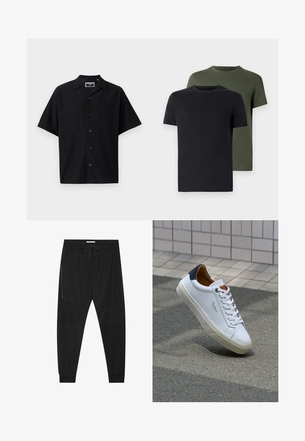 Camisa preta de botão de manga curta com um design texturizado em relevo, apresentando um colarinho e cinco botões frontais, feita de um tecido suave.; Duas t-shirts de gola redonda nas cores preto e verde-oliva, feitas de um tecido de algodão suave. O design é simples, com mangas curtas e corte reto.; Calças de treino pretas feitas de tecido texturizado, com uma cintura ajustável, bolso lateral com fecho e punhos afunilados.; Sapatilha de couro branco com calcanhar azul marinho, bico redondo e detalhes em castanho contrastantes. Apresenta atacadores planos e sola de borracha texturizada.