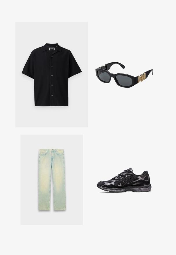 Fekete, rövid ujjú, gombos ing, texturált bordás mintával, fenn található gallérral és öt gombbal az elején, sima anyagból készült.; Világoskék denim farmernadrág laza fazonnal, öt zsebbel, cipzáras nyitással, és kopott hatással a combokon és a térdeken.; Fekete sportcipő, hálós és velúr felsőrésszel, textúrázott mintázattal és egy masszív, párnázott szürke talppal.; Fekete napszemüveg tömör, geometriai kerettel, sötét lencsékkel és arany fém kiegészítőkkel a halántékon, kerek embléma részlettel.