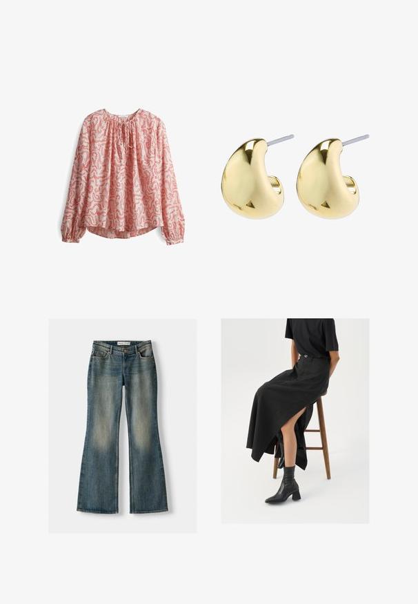 Langarmbluse aus hellpinkem Stoff mit rotem Blumenmuster, mit gerafftem Ausschnitt und Bindedetail, sowie elastischen Manschetten.; Blaue Schlagjeans mit einem ausgewaschenen Look, fünf Taschen und einem Knopfverschluss. Das Material zeigt eine Denim-Textur mit dezenten Stickdetails.; Schwarzer Leinen-Maxi-Rock mit hohem Schlitz, getragen mit einem schwarzen T-Shirt und schwarzen Knöchelstiefeln. Minimalistisches Design mit lockerer Passform.; Goldfarbene Ohrringe mit einer glatten, runden Form, die eine reflektierende Oberfläche und einen Steckverschluss für sicheren Halt aufweisen.