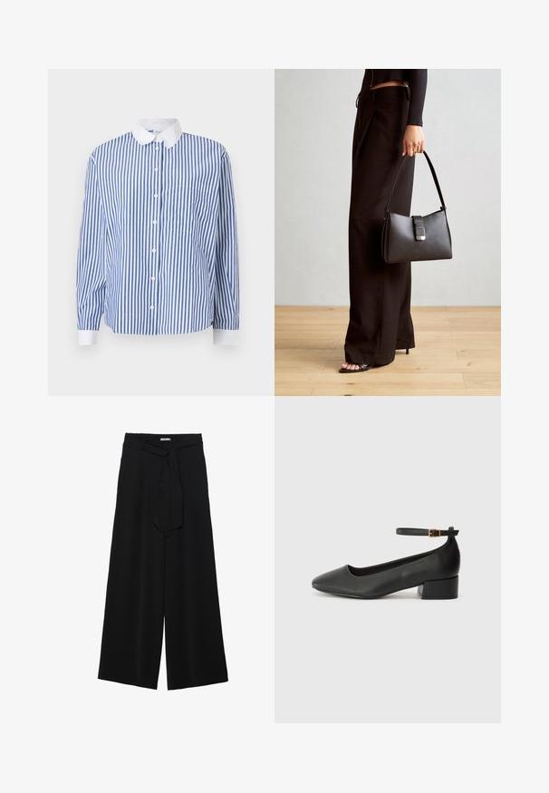 Blue and white striped button-up shirt with a white collar, long sleeves, pocket on the left side, and a relaxed fit.; Black wide-leg pants featuring a textured fabric, an elastic waistband, and a detachable sash tie at the waist for adjustable fit.; Black leather pump with a pointed toe and a low block heel. Features an ankle strap with a gold-tone buckle. Smooth texture.; Black handbag with structured shape, smooth texture, and a metallic clasp. Paired with wide black pants and open-toe sandals on wooden floor.