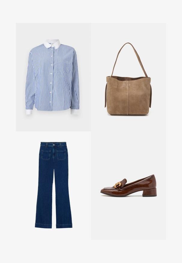 Blå og hvid stribet skjorte med knapper, hvid krave, lange ærmer, lomme på venstre side og en afslappet pasform.; Mørkeblå flared jeans i denim med en glat tekstur, fem-lomme design og en knaplukning i taljen.; Brune læder loafers med en blank finish, der har en dekorerende guld spænde foran og en lav blokhæl. Klassisk design.; Brun ruskinds tote taske med en blød overflade, åben top og en enkelt skulderrem. Har en glat finish og minimal detaljer.