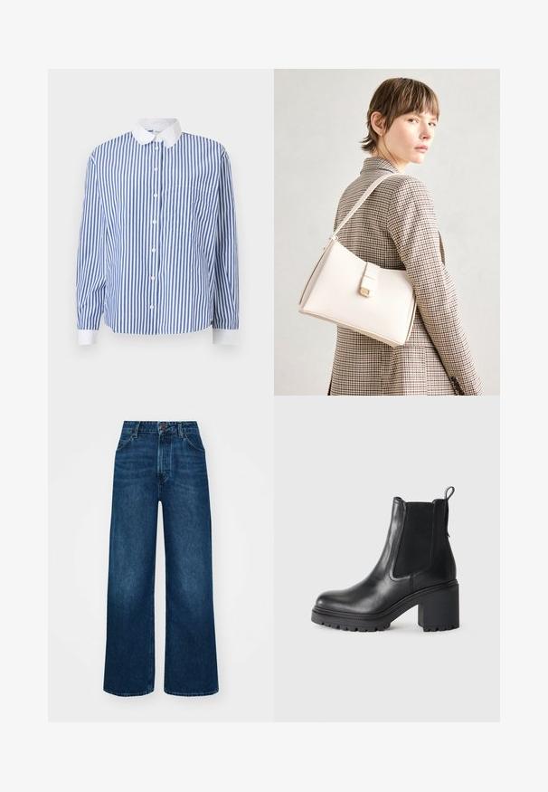 Blue in bele prugasta srajca s belim ovratnikom, dolgimi rokavi, žepom na levi strani in sproščenim krojem.; Hlače z visokim pasom in širokimi nogavicami iz temno modrega denima z gladko teksturo, kontrastnim šivanjem in zasnovo s petimi žepi. Sprednje zapiranje na gumb.; Črne usnjene gležne čevlje z debelim peto, elastičnimi stranskimi paneli in zanka za vpogled zadaj. Texturirana podplat za dodaten oprijem.; Bela usnjena torba s strukturirano zasnovo, opremljena z magnetnim zapiranjem in naramnico, prikazana na nevtralni ozadju.