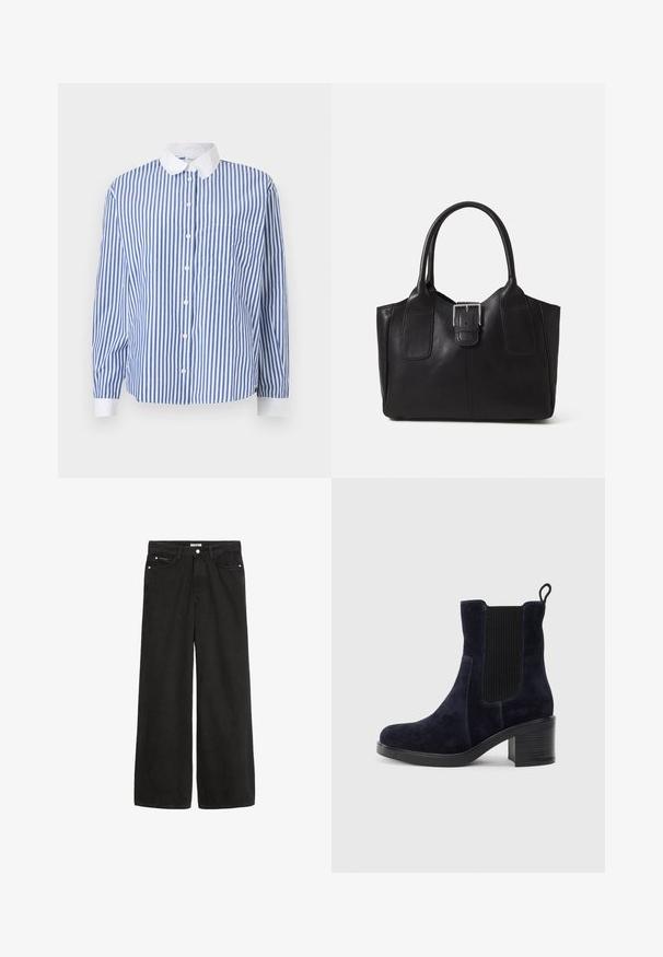Camicia a righe blu e bianche con colletto bianco, maniche lunghe, tasca sul lato sinistro e vestibilità comoda.; Jeans in denim nero a gamba larga con vita alta. Presentano cinque tasche, accessori metallici e una finitura pulita. La texture è liscia e morbida.; Stivaletti alla caviglia in camoscio blu navy con pannello elastico laterale, punta tonda e tacco a blocco. Il tessuto testurizzato e la suola liscia aggiungono contrasto.; Borsa tote in pelle nera con texture liscia, forma strutturata, due manici e un evidente dettaglio in fibbia argentata sul davanti.
