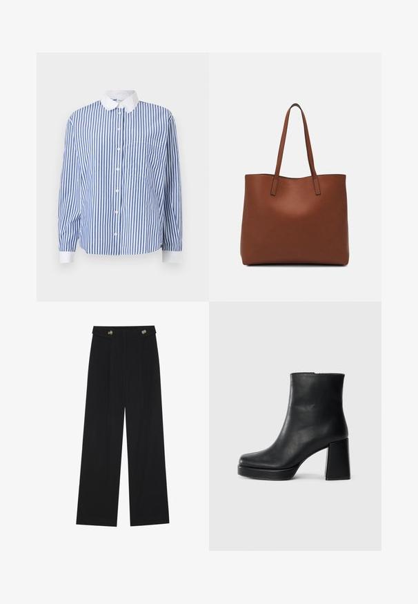Blå och vit randig skjorta med knappar, vit krage, långa ärmar, ficka på vänster sida och avslappnad passform.; Svarta vida byxor med hög midja, knäppdetaljer i midjan och framfickor.; Svart läderankelboot med blockklack och platåsula, sedd från sidan på en enkel vit bakgrund.; Brun läder tote-väska med en slät textur, öppen toppdesign och två axelremmar. Har minimal söm och ingen synlig metalldetalj.