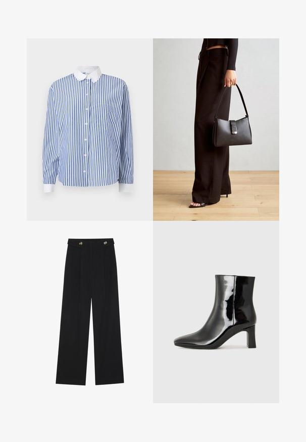 Blå og hvid stribet skjorte med knapper, hvid krave, lange ærmer, lomme på venstre side og en afslappet pasform.; Sorte vide bukser med høj talje, knapdetaljer på taljebåndet og frontfald.; Sort lakeret ankelstøvle med spids tå og en midt-højde blokhæl. Glat tekstur og minimalistisk design.; Sort håndtaske med struktureret form, glat overflade og metalspænde. Sammen med brede sorte bukser og sandaler med åben tå på trægulv.
