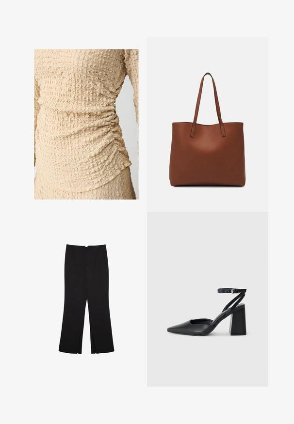 Top beige texturizzato con dettagli arricciati lungo i lati, realizzato in un tessuto leggero con una superficie increspata.; Pantaloni neri a gamba dritta, con tasche frontali e spacchi laterali all'orlo. Realizzati in tessuto morbido e liscio. Adatti a diverse occasioni.; Pump in pelle nera con punta affusolata, cinturino alla caviglia e tacco spesso. Texture piatta, design elegante ed estetica minimalista.; Borsa tote in pelle marrone con texture liscia, design con apertura superiore e due spallacci. Presenta cuciture minime e nessun hardware visibile.