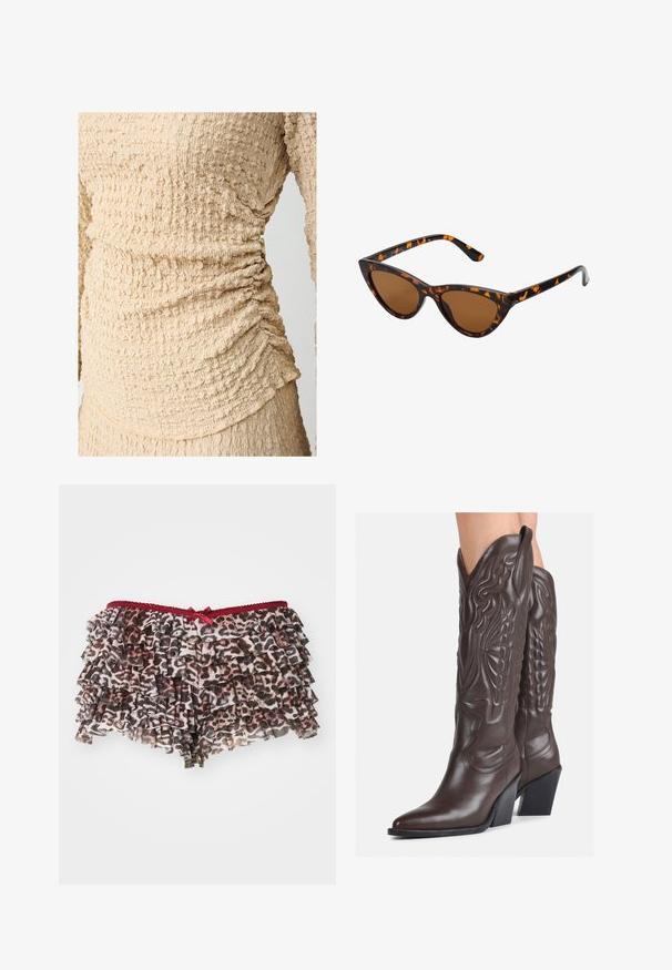 Beige strukturierte Bluse mit Raffungen an den Seiten, hergestellt aus einem leichten Stoff mit einer zerknitterten Oberfläche.; Blumen-Leopardenmuster-Shorts mit gestuften Rüschen, ausgestattet mit einem roten Spitzenbund und einem kleinen Schleifenakzent vorne.; Braune Leder-Cowboy-Stiefel mit spitzem Punkt und Blockabsatz, die über detaillierte Stickereien und hervorgehobene Akzente am Schaft verfügen.; Katzenaugen-Sonnenbrille mit einem schwarz-orangenen Schildpattrahmen, braunen Gläsern und schlanken, spitzen Enden. Verfügt über ein minimalistisches Logo am Bügel.; Kleine cremefarbene Handtasche mit strukturiertem Finish, einem langen verstellbaren Tragegurt, einem Kettenakzent und einem Klappenverschluss. Goldene Hardware-Details.