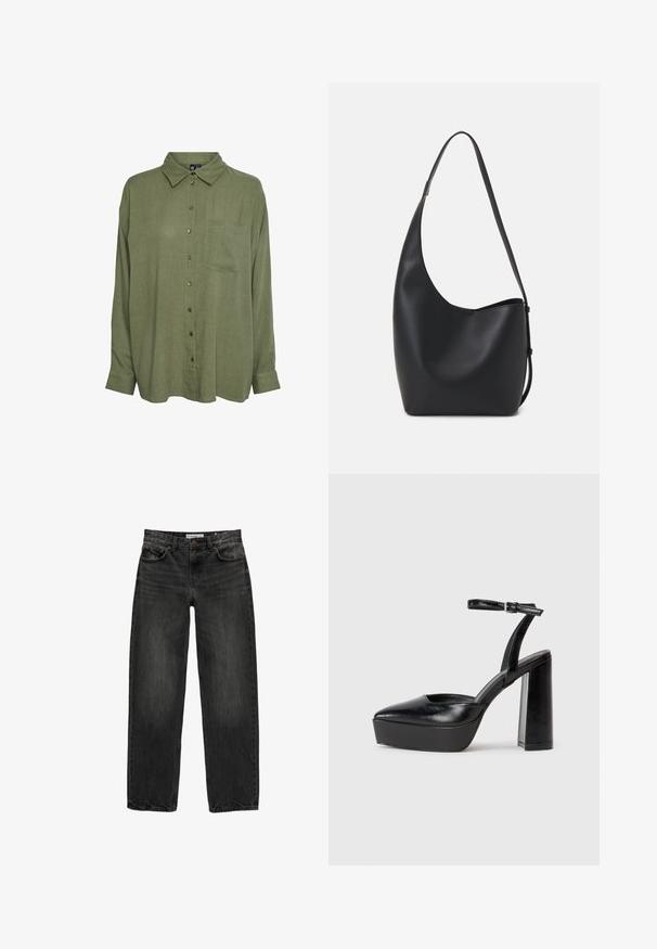 Camicia verde oliva a maniche lunghe in tessuto leggero, con colletto, taschino sul petto e chiusura a bottoni.; Jeans in denim nero con una vestibilità rilassata, gamba dritta, design a cinque tasche e una texture leggermente sbiadita. Chiusura con bottone e zip nella parte anteriore.; Tacchi a piattaforma neri con punta appuntita e cinturino regolabile alla caviglia. Realizzati in pelle liscia, presentano un tacco a blocco spesso.; Borsa hobo nera in pelle con una superficie liscia, forma curvata e una singola tracolla regolabile; presenta un'ampia apertura nella parte superiore.