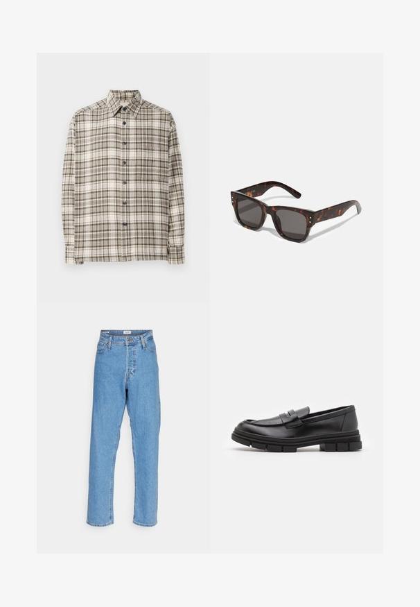 Kariertes Button-Up-Hemd in Beige und Grau mit blauen Knöpfen. Hat lange Ärmel, einen Kragen und eine lockere Passform. Hergestellt aus weichem Stoff.; Helle blaue, hoch-taillierte, gerade Jeans mit vorderem Knopf, Reißverschluss, Gürtelschlaufen und Fünf-Taschen-Design auf weißem Hintergrund.; Schwarze Lederloafer mit glatter Oberfläche, ausgestattet mit einem vorderen Riemendetail und einer klobigen Gummisohle mit gerippten Akzenten.; Sonnenbrille aus Schildpatt mit dunklen Gläsern, quadratischem Rahmen und silbernen Akzentnieten auf der Vorderseite. Aus Kunststoff, leicht und langlebig.