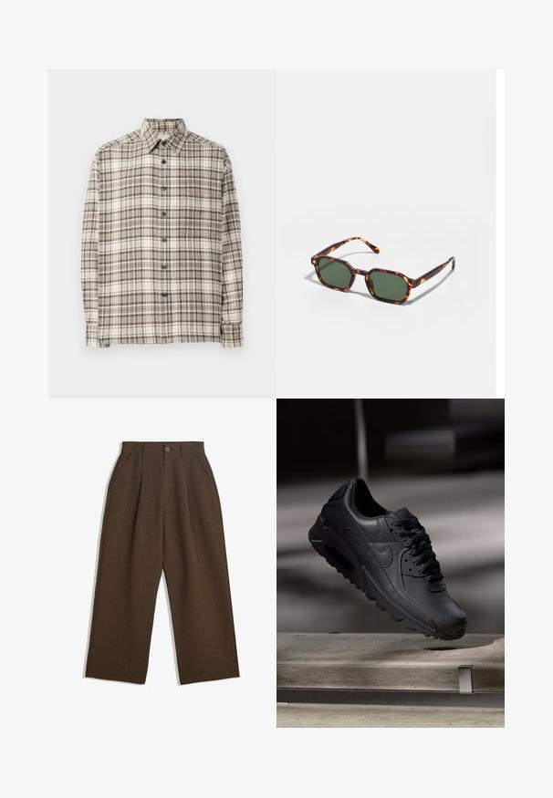 Kariertes Button-Up-Hemd in Beige und Grau mit blauen Knöpfen. Hat lange Ärmel, einen Kragen und eine lockere Passform. Hergestellt aus weichem Stoff.; Braune Plisseehosen mit weitem Bein, ausgestattet mit einem Knopfverschluss und seitlichen Taschen, aus strukturiertem Stoff, der sich gut für Freizeitkleidung eignet.; Schwarze Nike Air Max Sneaker mit einem strukturierten Leder-Obermaterial, Gummisohle und auffälligem Schnürsystem, das ein schlankes, modernes Design präsentiert.; Schildpatt-Sonnenbrille mit grünen Gläsern, in einer achteckigen Form und schlanken, gebogenen Bügeln. Das Material hat eine glänzende Oberfläche.