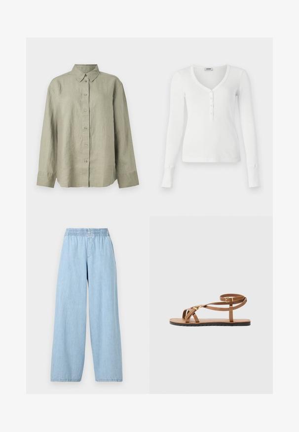 Camicia button-up in lino verde chiaro con colletto, maniche lunghe e patta frontale con sei bottoni. Tessuto morbido e vestibilità rilassata.; Maglietta a maniche lunghe bianca a coste con scollatura a V e patta con cinque bottoni. Presenta polsini aderenti e una texture liscia.; Pantaloni ampi di jeans blu chiaro con vita elastica. Tessuto liscio senza pattern o decorazioni visibili.; Sandalo in pelle marrone con design a strisce sottili, dotato di una fibbia dorata e suola nera piatta con bordo a zigzag.