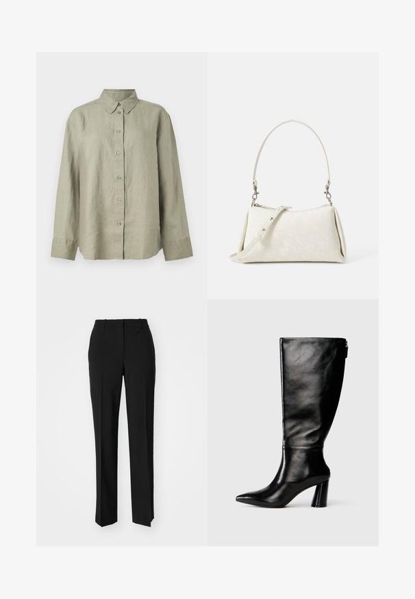 Camicia button-up in lino verde chiaro con colletto, maniche lunghe e patta frontale con sei bottoni. Tessuto morbido e vestibilità rilassata.; Pantaloni neri su misura con un design a gamba dritta, caratterizzati da una texture liscia e pieghe ben definite sul davanti. Senza hardware visibile.; Stivale in pelle nera, alto fino al ginocchio, con punta affusolata, superficie liscia e tacco spesso. Presenta un dettaglio con zip sul retro.; Borsa bianca con texture liscia, silhouette curva e tracolla regolabile. Presenta un sottile motivo con logo e accenti in metallo argentato.
