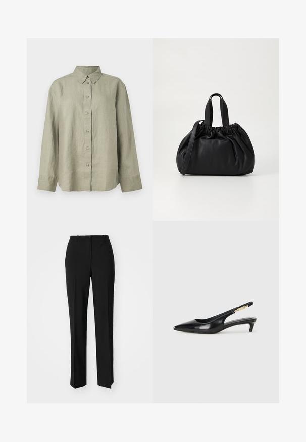Hellgrünes Leinen-Hemd mit Knopfleiste und Kragen, langen Ärmeln und einer Vorderseite mit sechs Knöpfen. Weiche Textur und lockere Passform.; Schwarze, taillierte Hose mit geradem Bein, aus einem glatten Stoff und mit klaren Falten an der Vorderseite. Keine sichtbare Hardware.; Schwarze Leder-Slingback-Pumps mit spitzem Schuhblatt, ausgestattet mit einem schlanken Absatz und einem goldfarbigen Akzent am verstellbaren Riemen. Glatte Textur.; Schwarze Lederhandtasche mit einem gerafften Oberteil, ausgestattet mit zwei kurzen Griffen und einem langen verstellbaren Schulterriemen. Glatte Textur, runde Form.