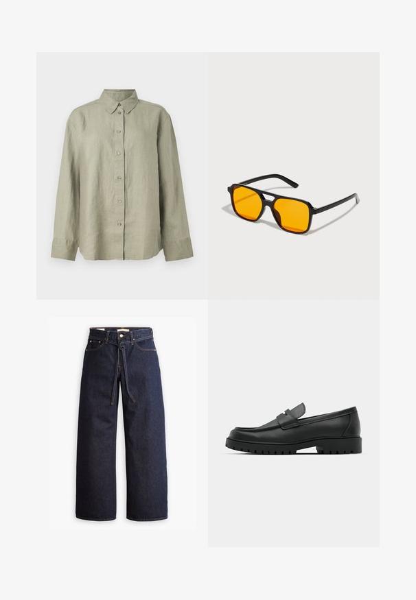 Hele roheline linane särk, millel on krae, pikad varrukad ja kuue nupuga ettevaatlik. Pehme tekstuur ja lõdvestunud lõige.; Laiad joped tumeda sinise denimi ja kõrge taljega, millel on paela kinni tõmbamise võimalus, viis taskut ja kontrastsete õmblustega detailid.; Mustad musta nahast loafers, millel on ümar varvas, tikandiga disain, madal platvorm-soon ja tekstureeritud, soonikkummist välistald.; Mustad musta raamiga prillid erksate oranžide objektiividega. Omab ainulaadset sillakujundust ja palju stiilseid käsi, mis on valmistatud kergest materjalist.